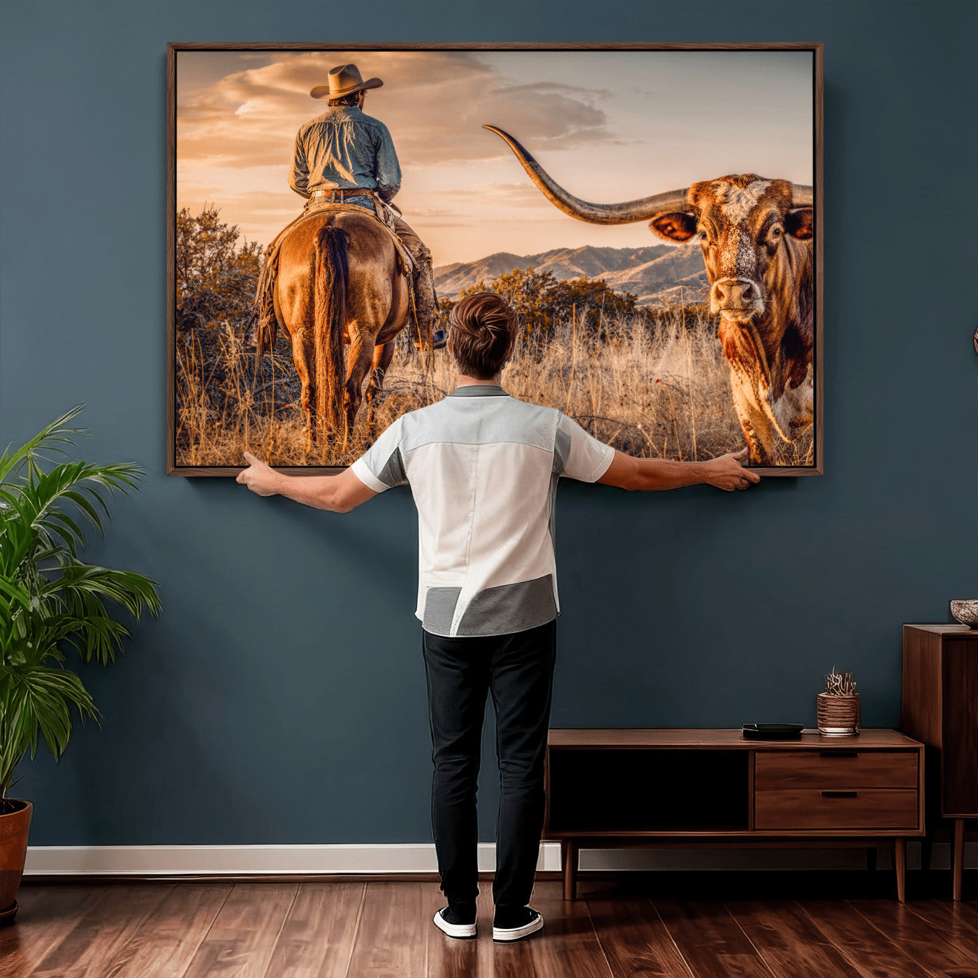 62076449C-MGV-CV-36X24 - Texas Cowboy and Longhorn Bull Print for Western Wall Art Decor for Farmhouse