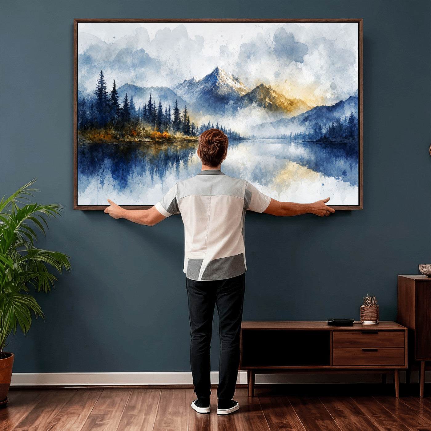 62076449DG-MGV-CV-36X24 - Abstract Watercolor Mountain Lake Wall Art Print for Living Room Decor