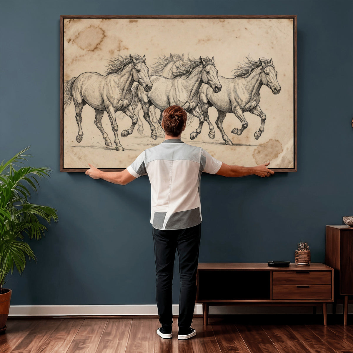 56046981-MGV-CV-36X24 - Sepia Wild Horses Canvas Art, Antique Pencil Drawing Print, Vintage Gallery Wall Decor, Rustic Equestrian Artwork, Traditional Den Gift