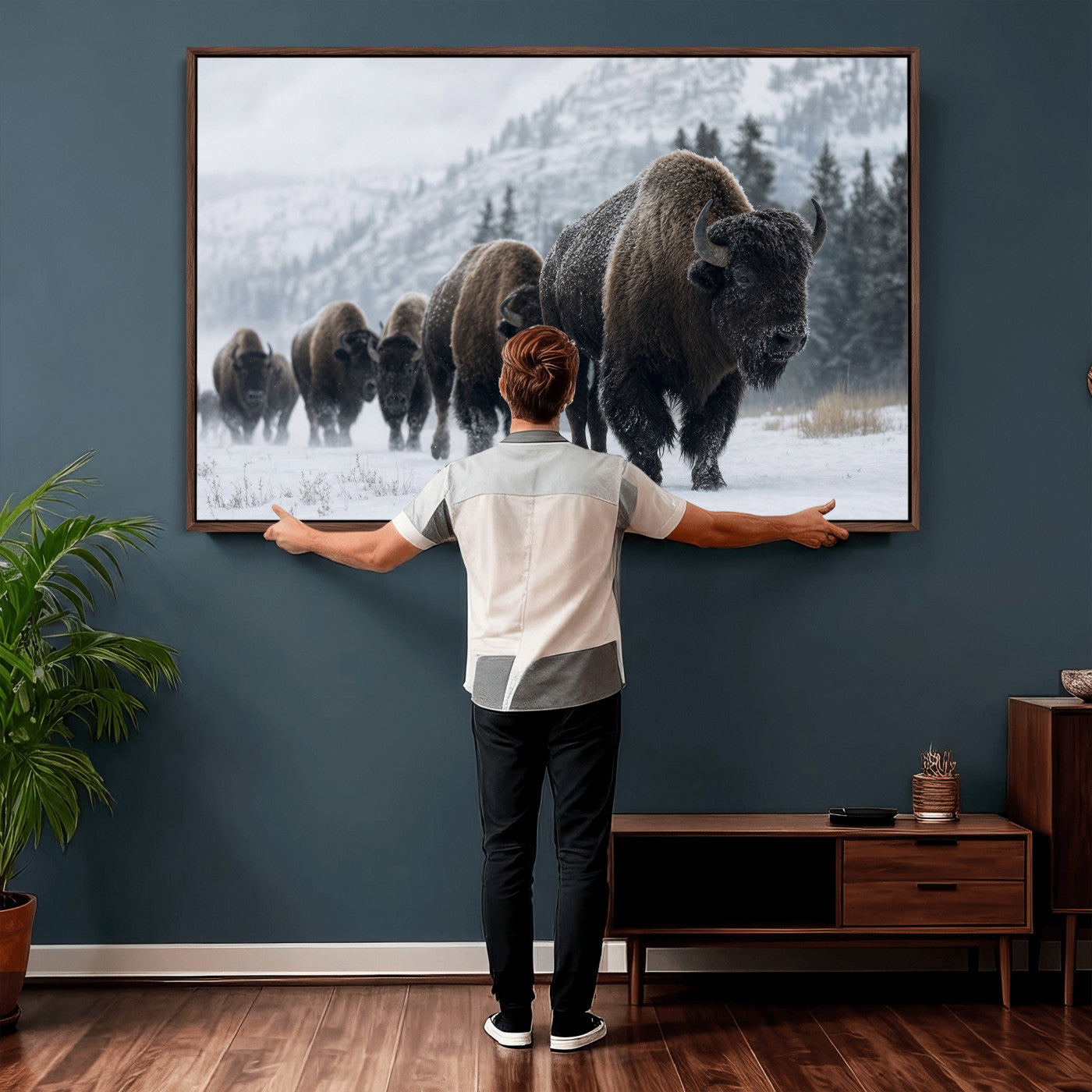 18343289-MGV-CV-36X24 - Rustic Bison Wall Art, American Buffalo Photo Print, Wildlife Canvas Artwork, Snowy Mountain Decor, Large Nature Poster, Cabin Gift Idea