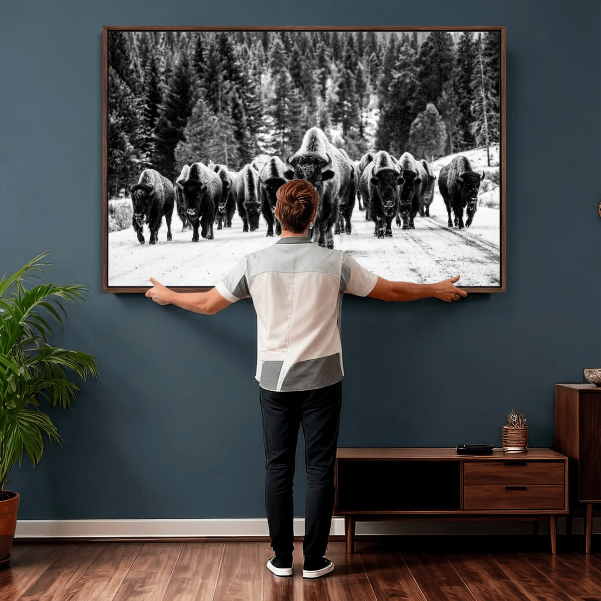 79337077-MGV-CV-36X24 - Black and White Bison Canvas Art, American Buffalo Print, Winter Wildlife Photography, Rustic Forest Wall Decor, Large Statement Nature Gift