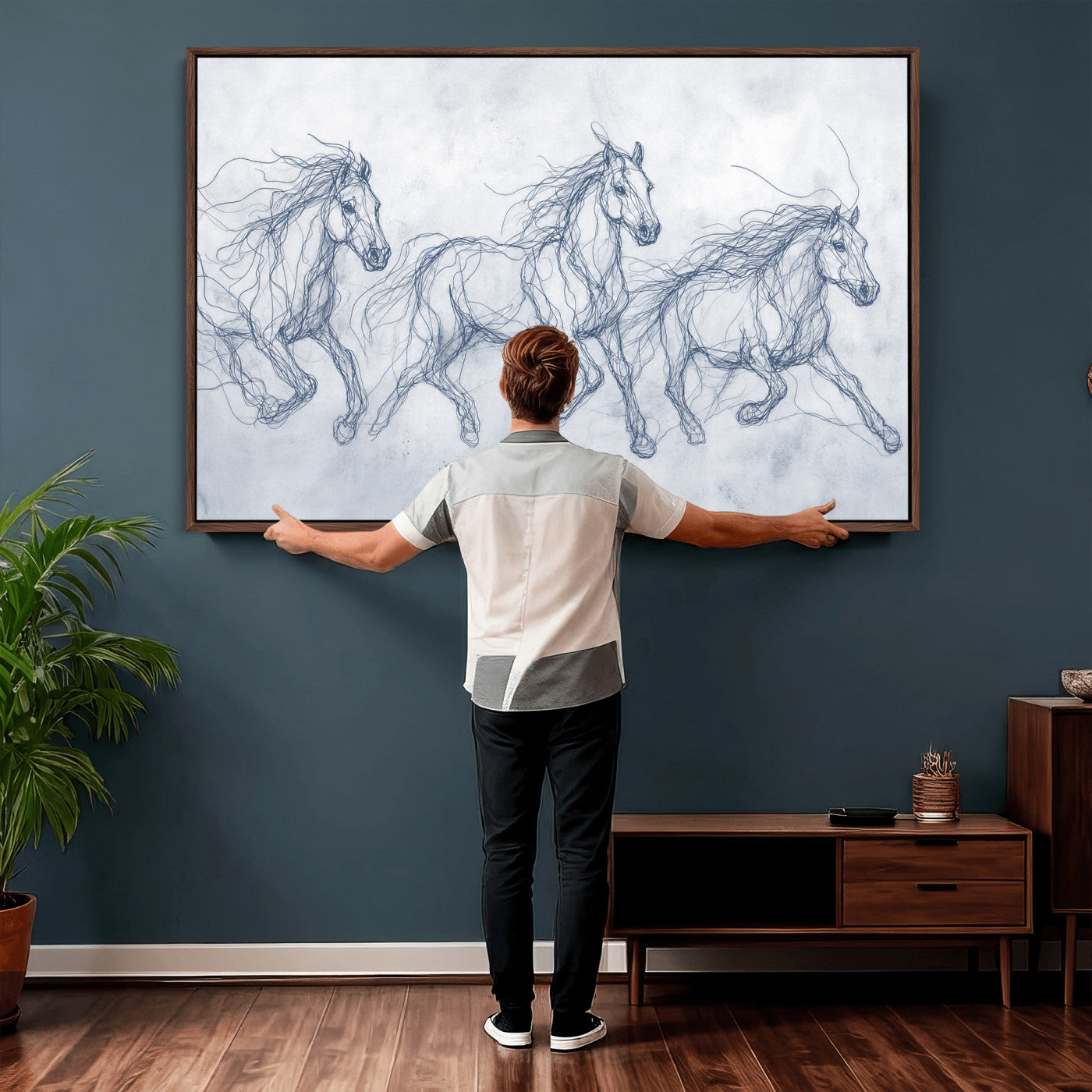 41163601-MGV-CV-36X24 - Indigo Blue Horse Line Art Canvas, Steel Grey Wild Horses Print, Abstract Navy Scribble Artwork, Modern Slate Equine Wall Decor, Coastal Ranch Gift