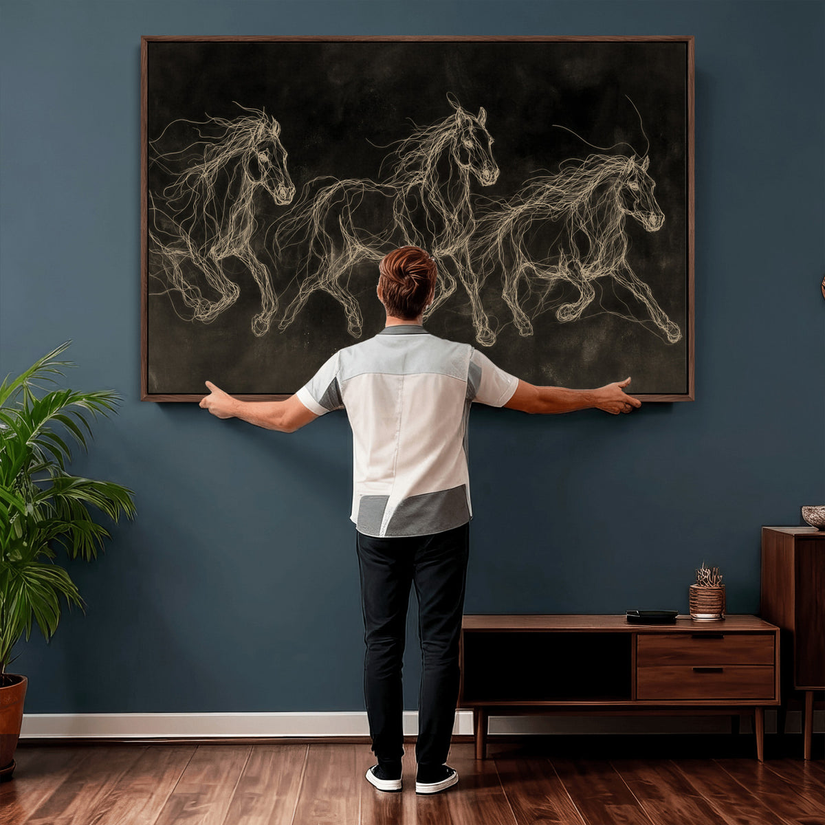 15344242-MGV-CV-36X24 - Dark Horse Line Art Canvas, Gold Scribble Wild Horses Print, Black Chalkboard Wall Art, Modern Luxury Equine Decor, Masculine Office Gift