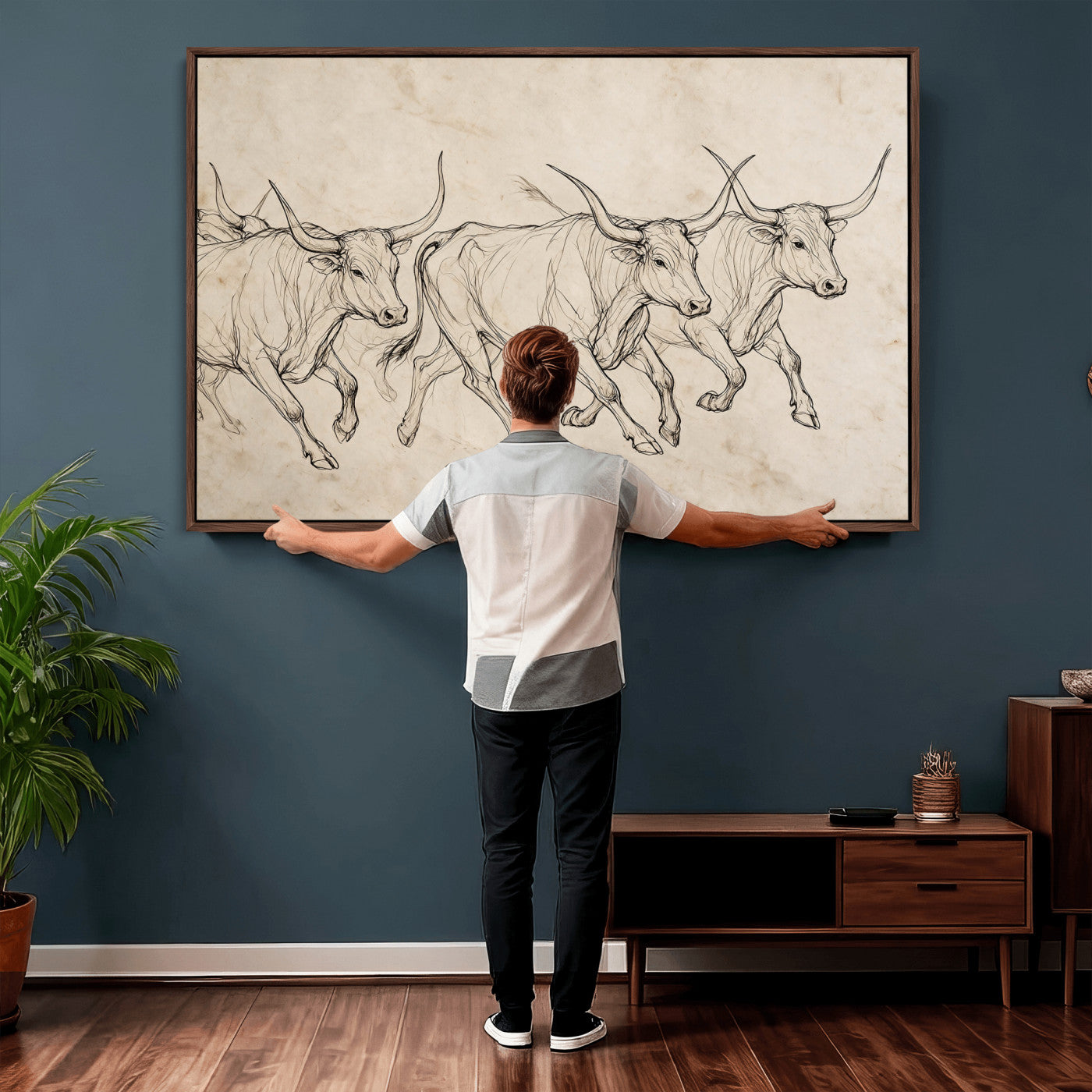 87177621-MGV-CV-36X24 - Minimalist Longhorn Line Art, Modern Texas Bull Canvas Print, Abstract Western Wall Decor, Continuous Line Artwork, Black White Ranch Gift