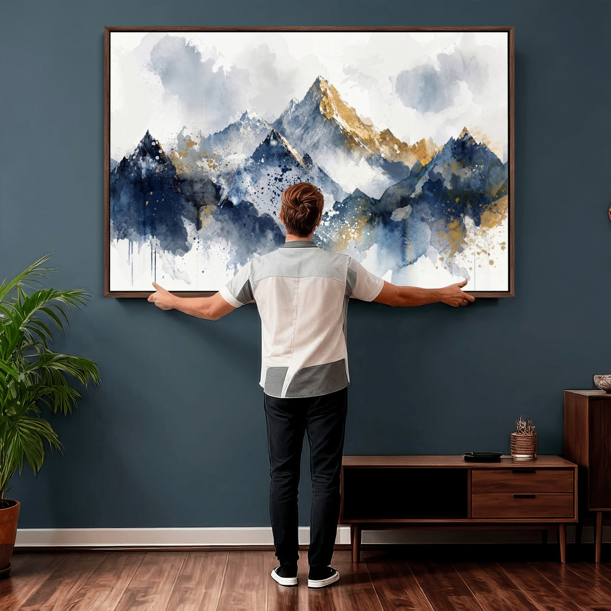 87460616-MGV-CV-36X24 - Abstract Mountain Canvas Wall Art, Blue Gold Foil Landscape Print, Modern Indigo Watercolor Poster, Large Abstract Nature, Luxury Office Gift