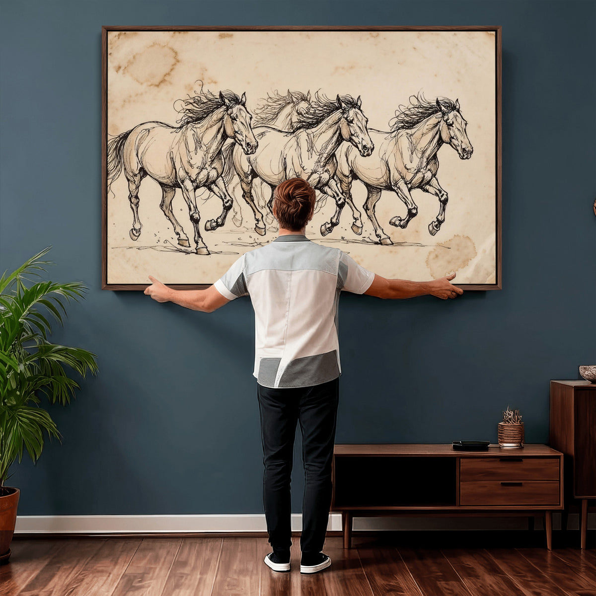 18242163-MGV-CV-36X24 - Vintage Horse Sketch Canvas Wall Art, Wild Horses Pencil Drawing Print, Antique Parchment Western Decor, Equine Sketching, Country Manor Gift