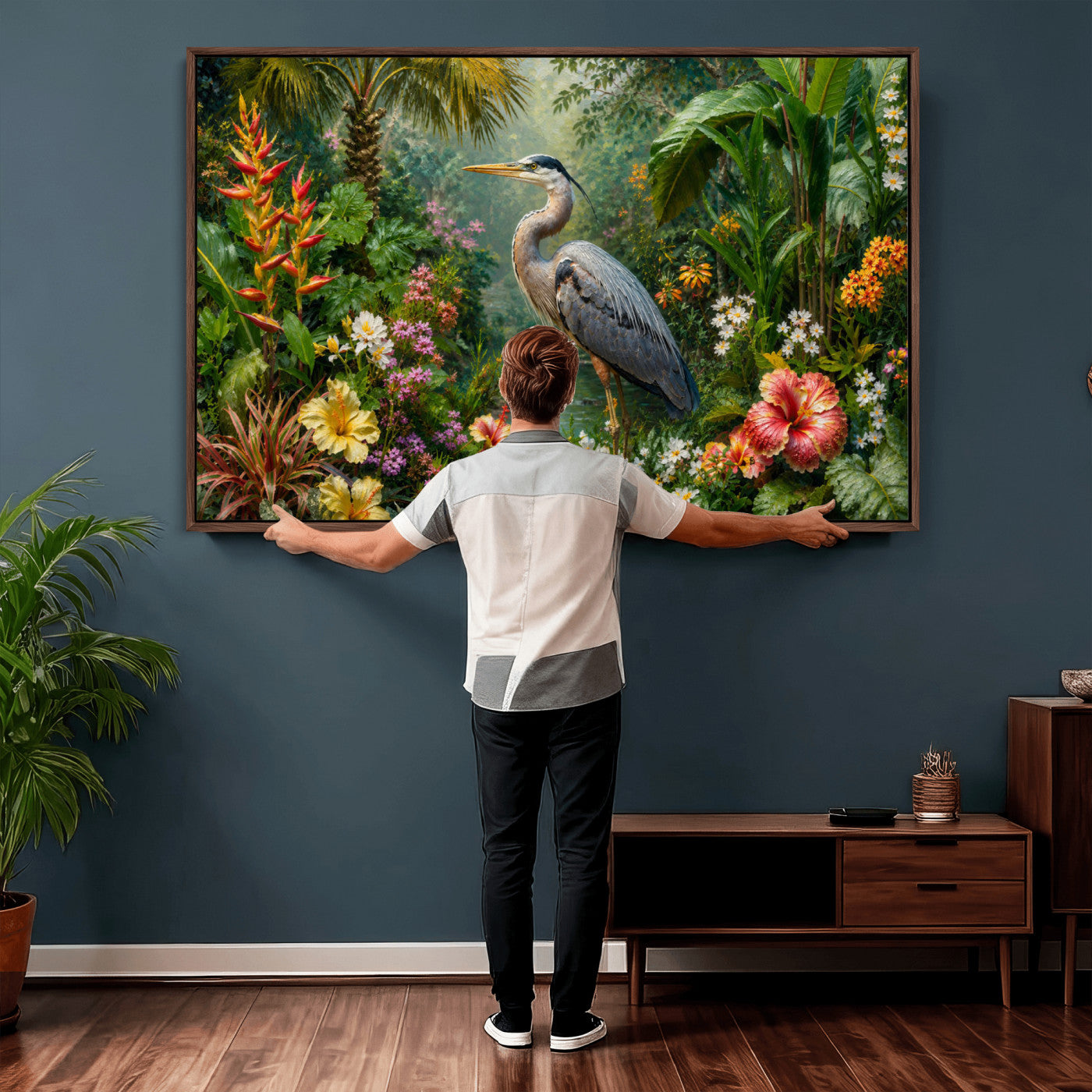 81059387-MGV-CV-36X24 - Great Blue Heron Tropical Jungle Wall Art Canvas Print, Exotic Botanical Garden Painting Print