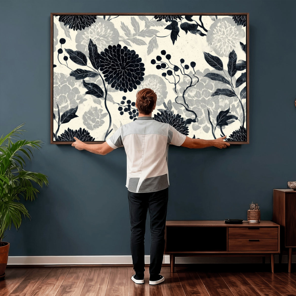 61524791-MGV-CV-36X24 - Vintage Black Chrysanthemum Wall Art Canvas Print, Monochrome Dhalia Floral Painting Print