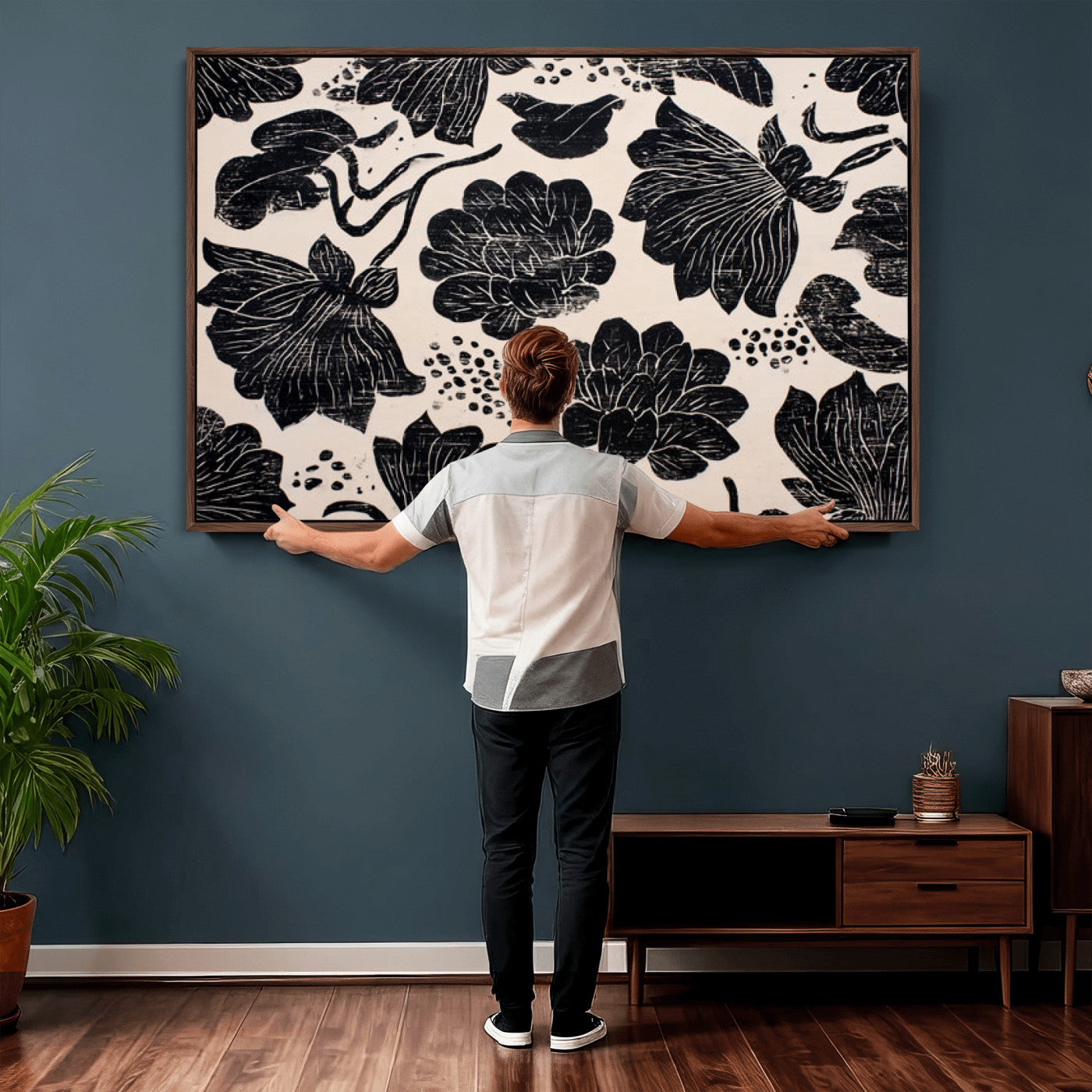 81787117-MGV-CV-36X24 - Linocut Black Lotus Floral Wall Art Canvas Print, Vintage Monochrome Botanical Painting Print
