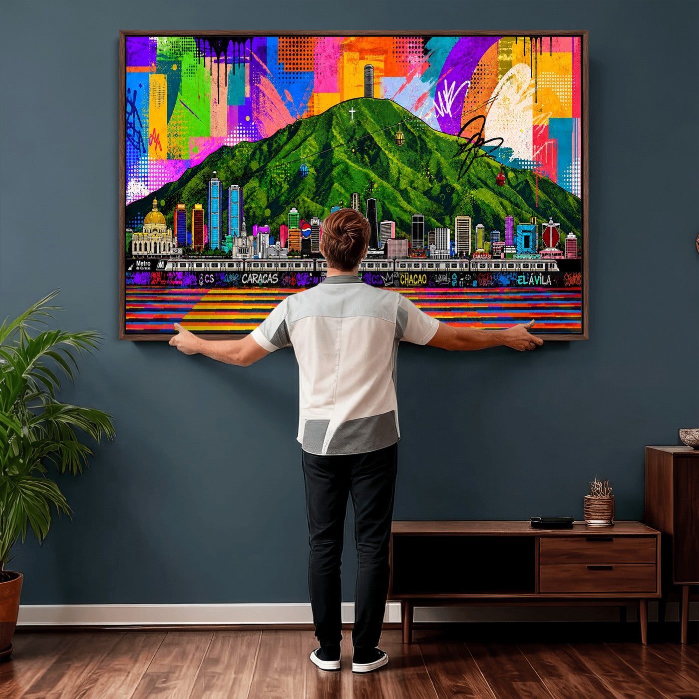 86696255-MGV-CV-36X24 - Mount Ávila, Caracas, Venezuela Wall Art Print by Artist Yorlette - Graffiti Caracas Skyline Canvas Art, Colorful Street Artwork - Venezuela El Avila Poster Print