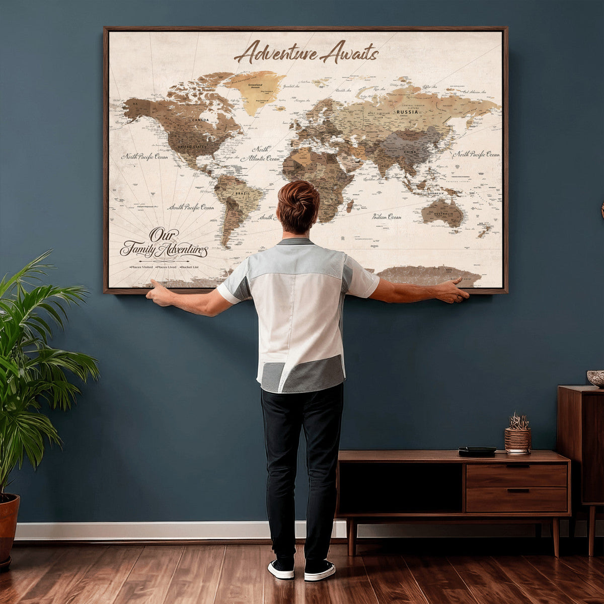 84865191-MGV-CV-36X24 - Our Family Adventures Push Pin World Map Wall Art Canvas Print - Family Travel Tracker Map with Pins
