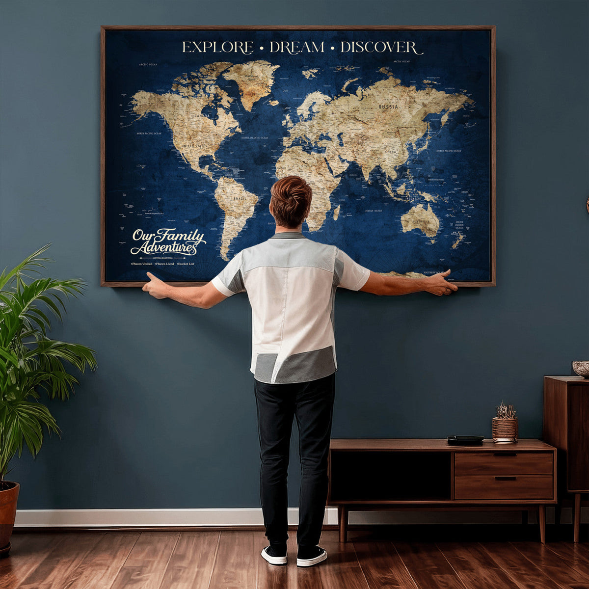 96125512-MGV-CV-36X24 - Our Family Adventures Push Pin World Map Wall Art Canvas Print - Family Travel Tracker Map with Pins