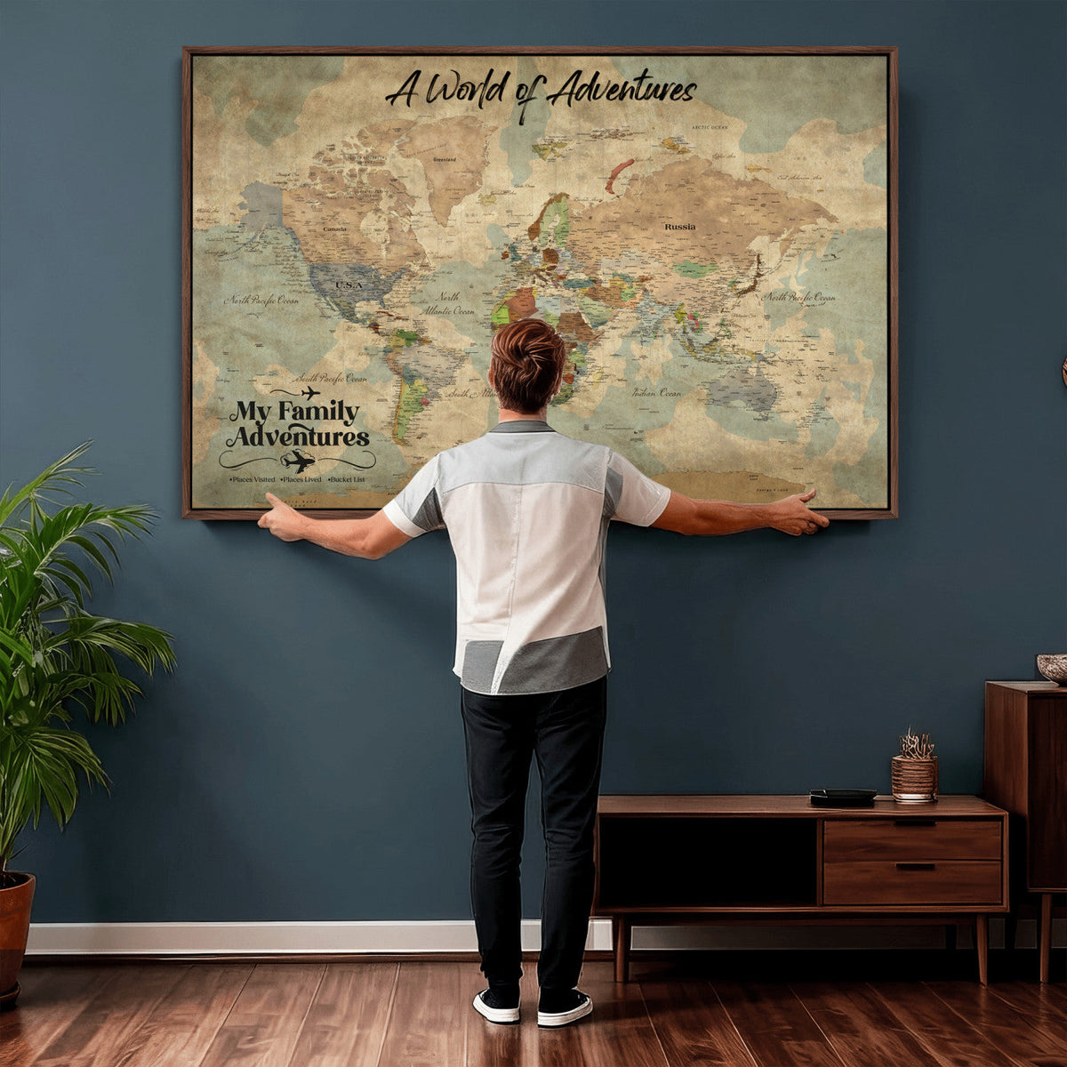 57377793-MGV-CV-36X24 - Our Family Adventures Push Pin World Map Wall Art Canvas Print - Family Travel Tracker Map with Pins