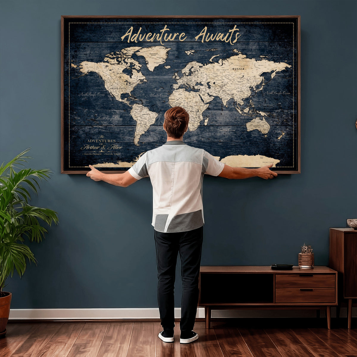68817382-MGV-CV-36X24 - Extra Large Vintage Personalized Push Pin World Map Wall Art Canvas Print