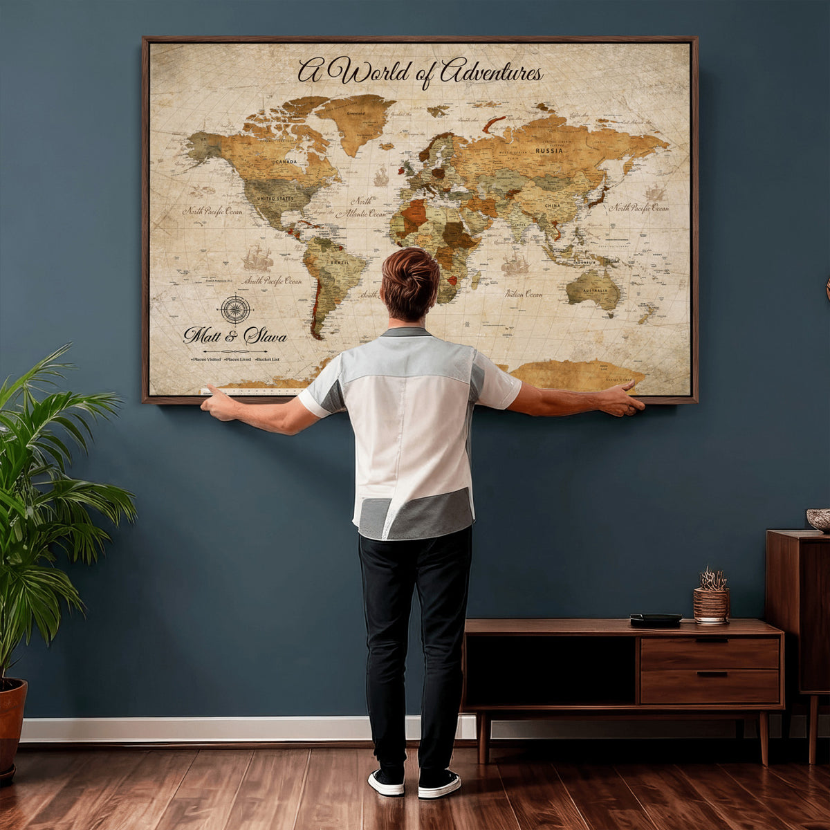 88768647-MGV-CV-36X24 - Extra Large Framed Personalize Push Pin World Map Wall Art Canvas Print for Travel Tracking