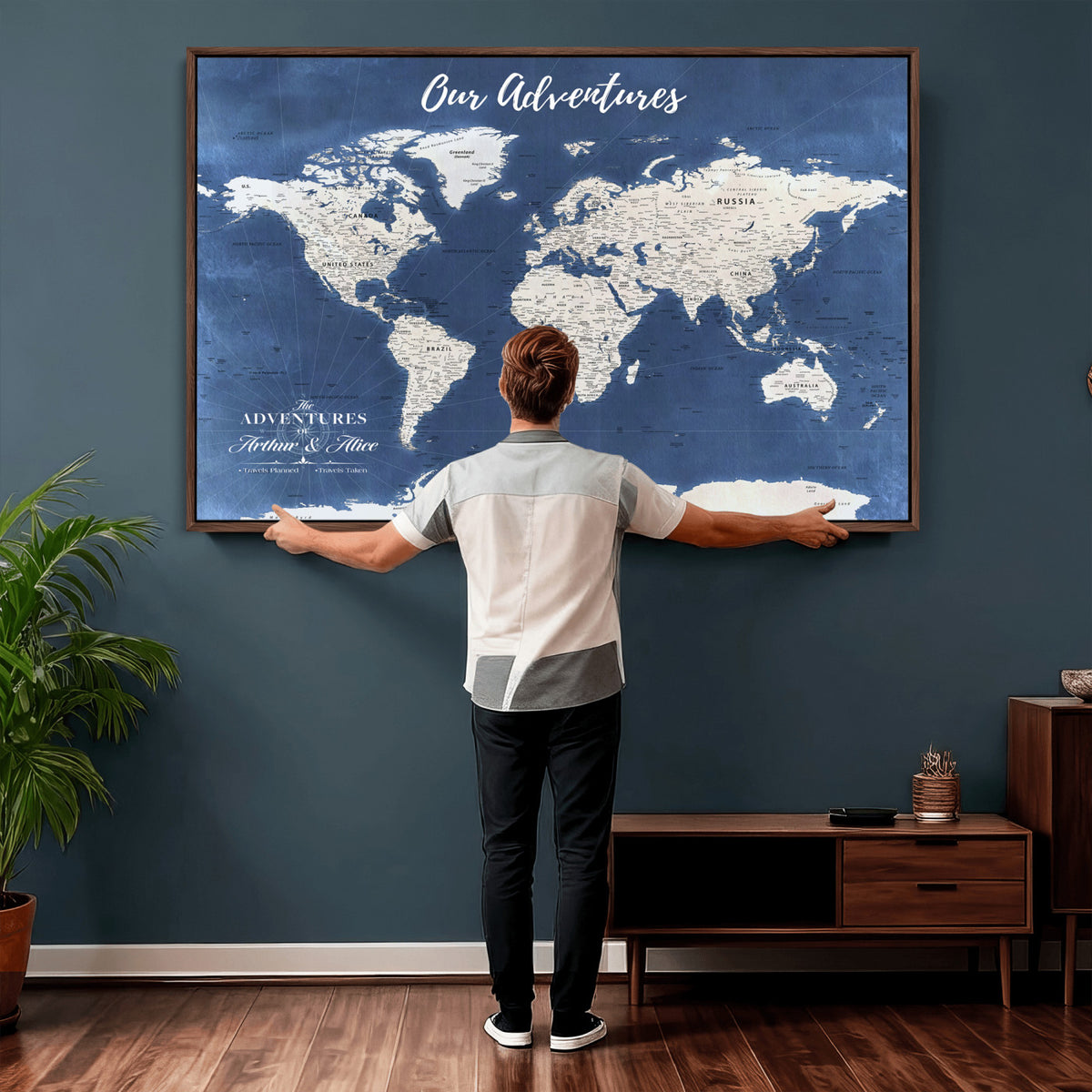 75405527-MGV-CV-36X24 - Extra Large Framed Personalize Push Pin World Map Wall Art Canvas Print for Travel Tracking
