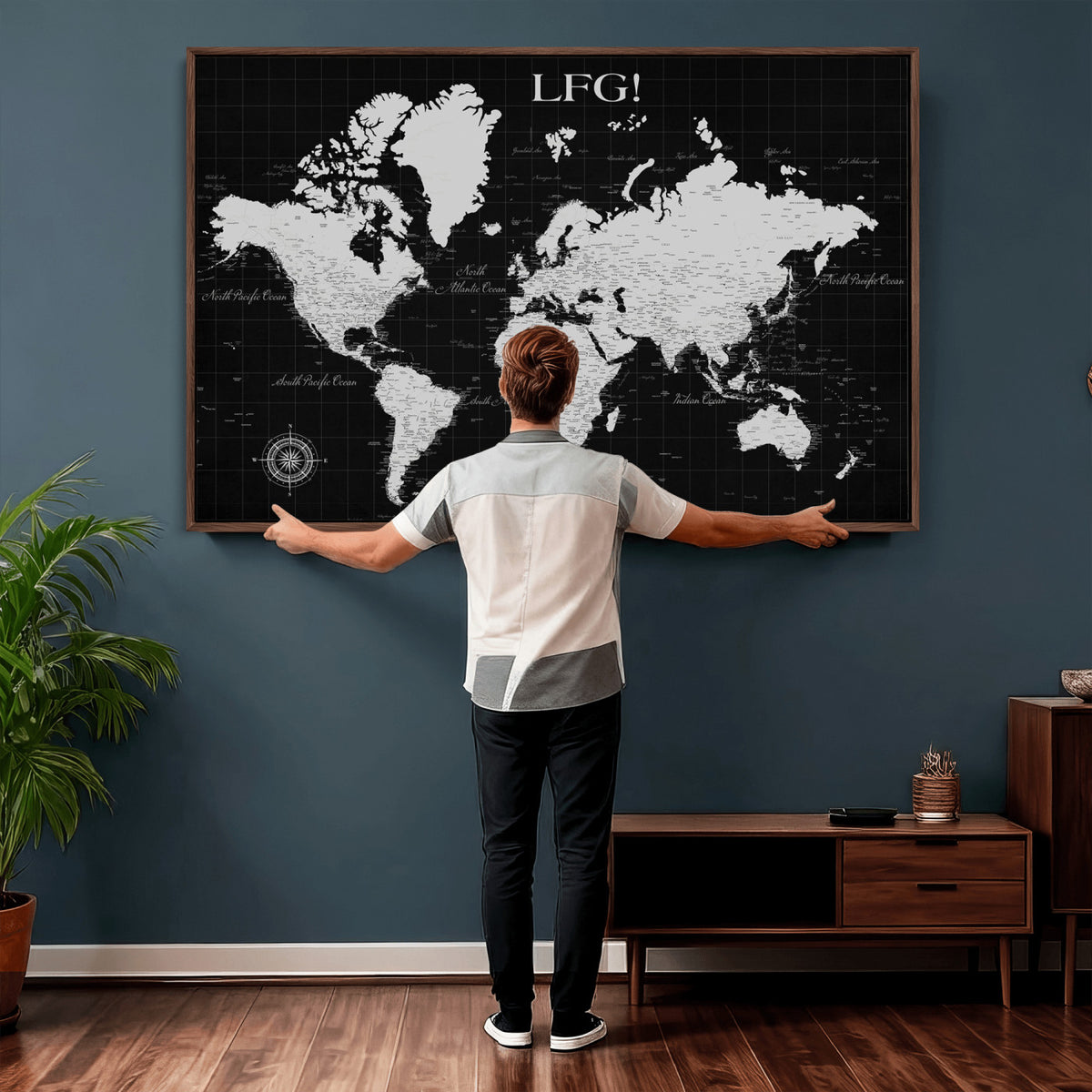 68209291-MGV-CV-36X24 - Extra Large Framed Personalize Push Pin World Map Wall Art Canvas Print for Travel Tracking
