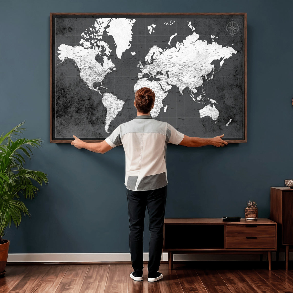 78574966-MGV-CV-36X24 - Extra Large Framed Personalize Push Pin World Map Wall Art Canvas Print for Travel Tracking