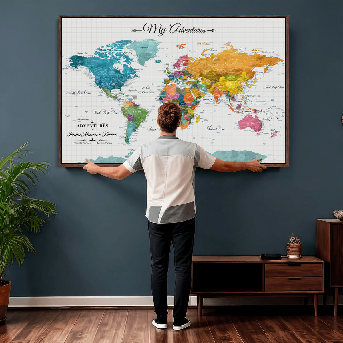 66743043-MGV-CV-36X24 - Extra Large Framed Personalize Push Pin World Map Wall Art Canvas Print for Travel Tracking