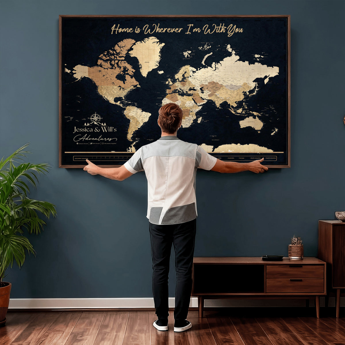 43430657-MGV-CV-36X24 - Extra Large Framed Personalize Push Pin World Map Wall Art Canvas Print for Travel Tracking