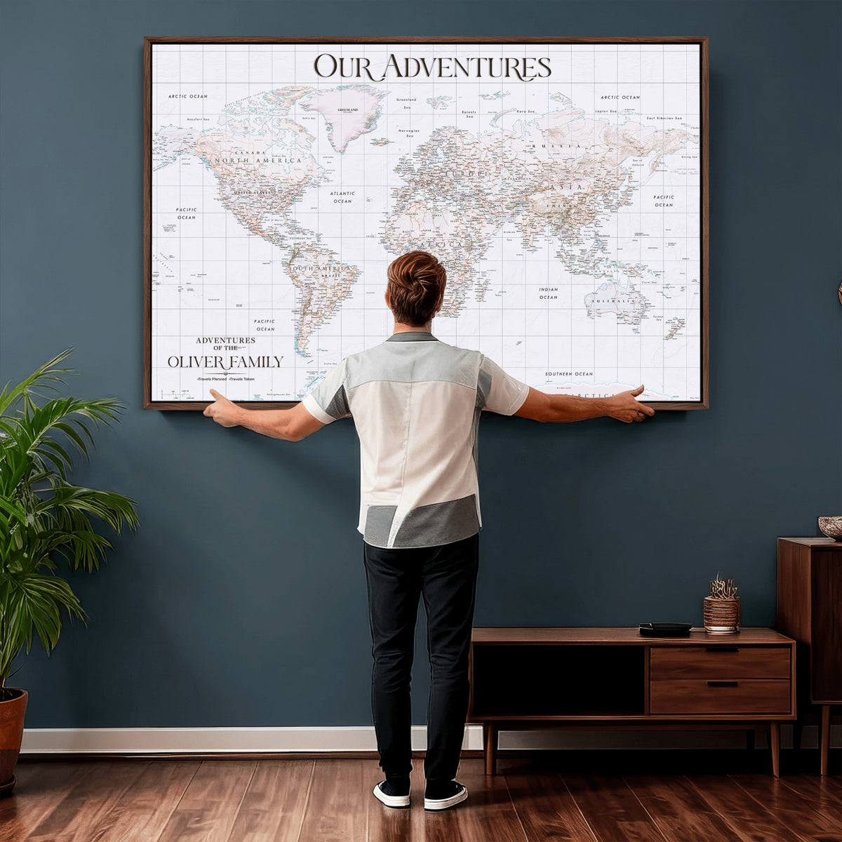 18074626D3DD-MGV-CV-36X24 - Extra Large Framed Personalize Push Pin World Map Wall Art Canvas Print for Travel Tracking NEWMAP - 015
