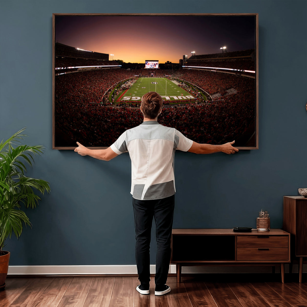 97720998-_Poster-30x20 - Georgia Bulldogs Stadium Sunset Canvas Print 3 Piece Framed Wall Art Extra Large Floating Frame Sports Poster Made in USA