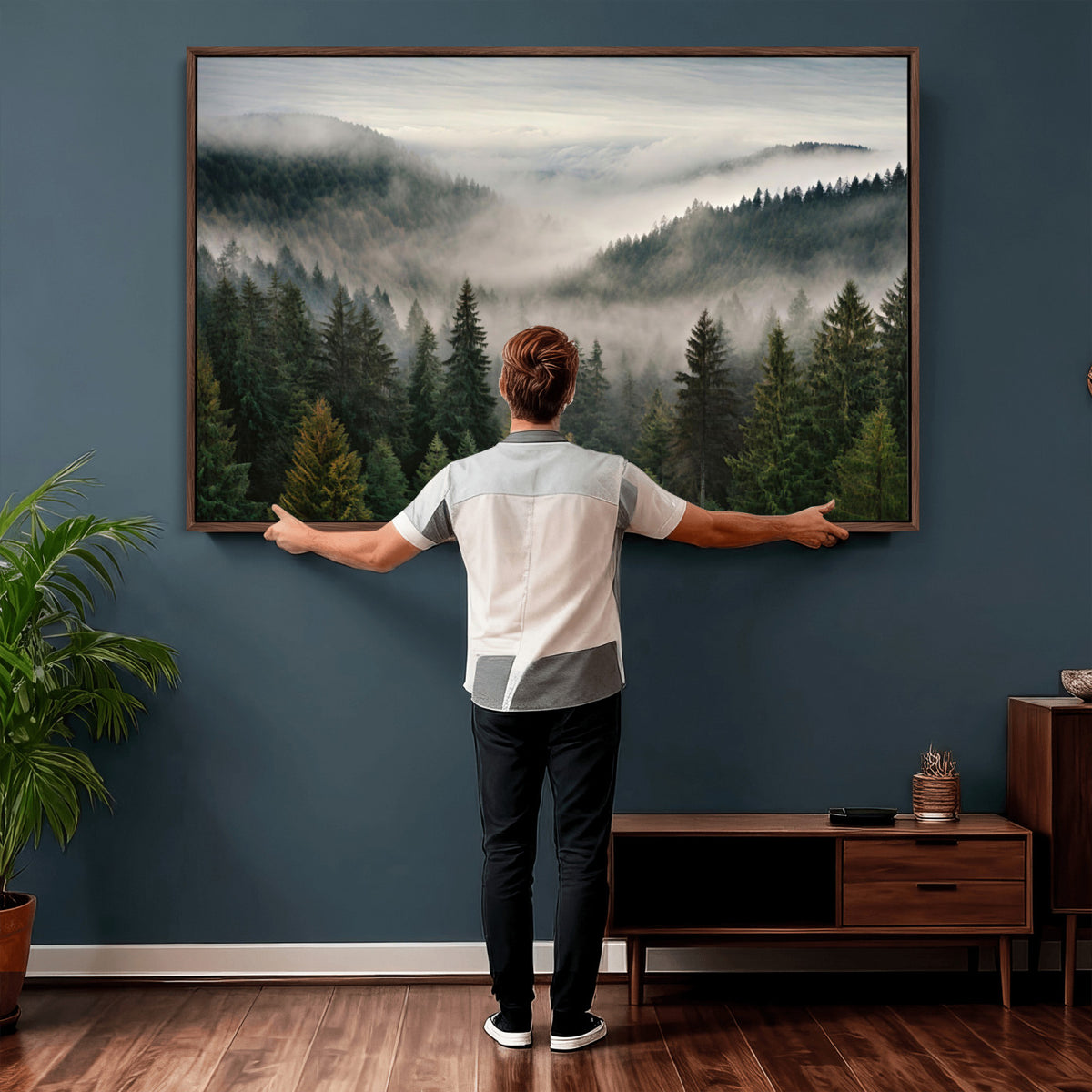 38409495-_Poster-30x20 - Misty Pine Valley Mountain Canvas Print 3 Piece Framed Wall Art Extra Large Floating Frame Nature Poster Made in USA