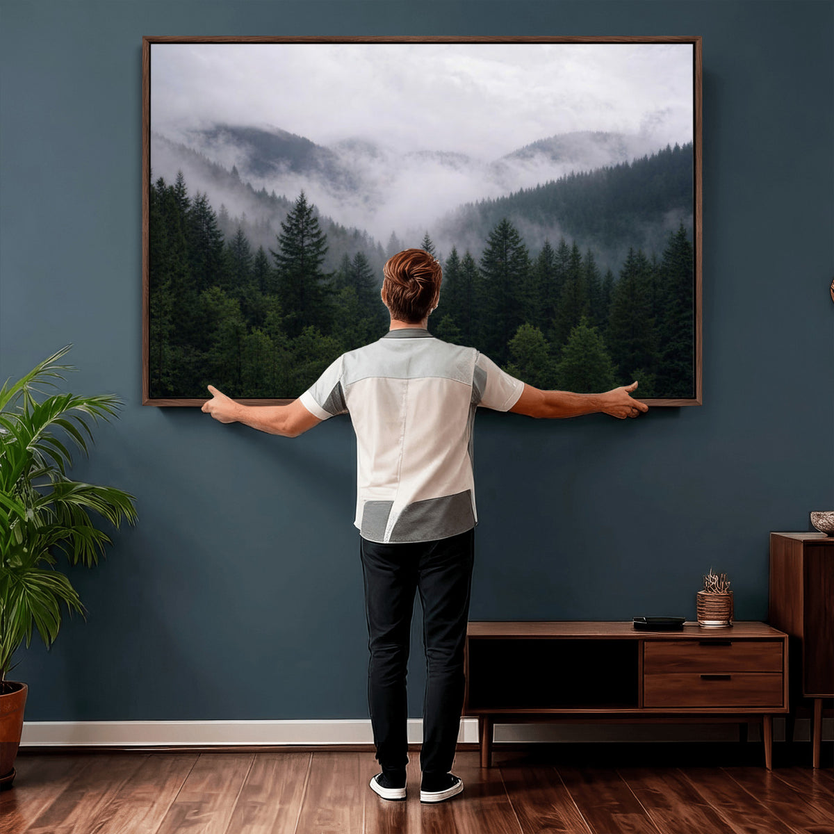 25432119-_Poster-30x20 - Misty Mountain Pine Forest Canvas Print 3 Piece Framed Wall Art Extra Large Floating Frame Nature Poster Made in USA