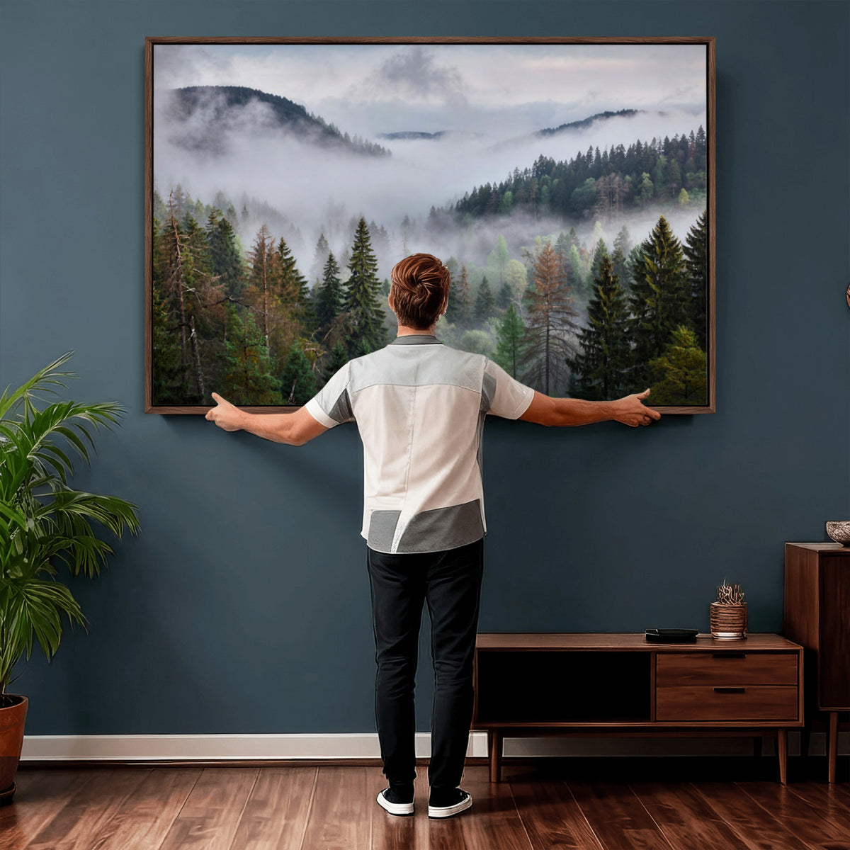18735847-_Poster-30x20 - Foggy Pine Forest Mountain Canvas Print 3 Piece Framed Wall Art Extra Large Floating Frame Nature Poster Made in USA