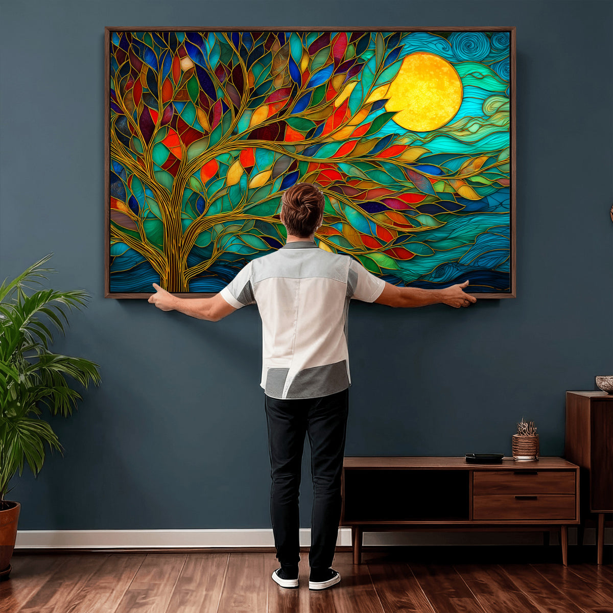 11877152-MGV-CV-36X24 - Stained Glass Tree Of Life Wall Art - Vibrant Mosaic Nature Home Decor