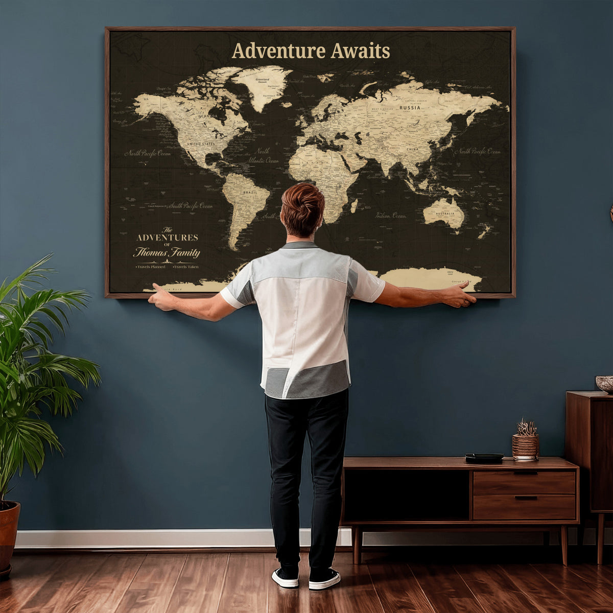 47597338D-MGV-CV-36X24 - Custom Push Pin World Map Wall Art Canvas Print | Personalized Travel Tracker with Pins Framed Large for Home and Office Decor