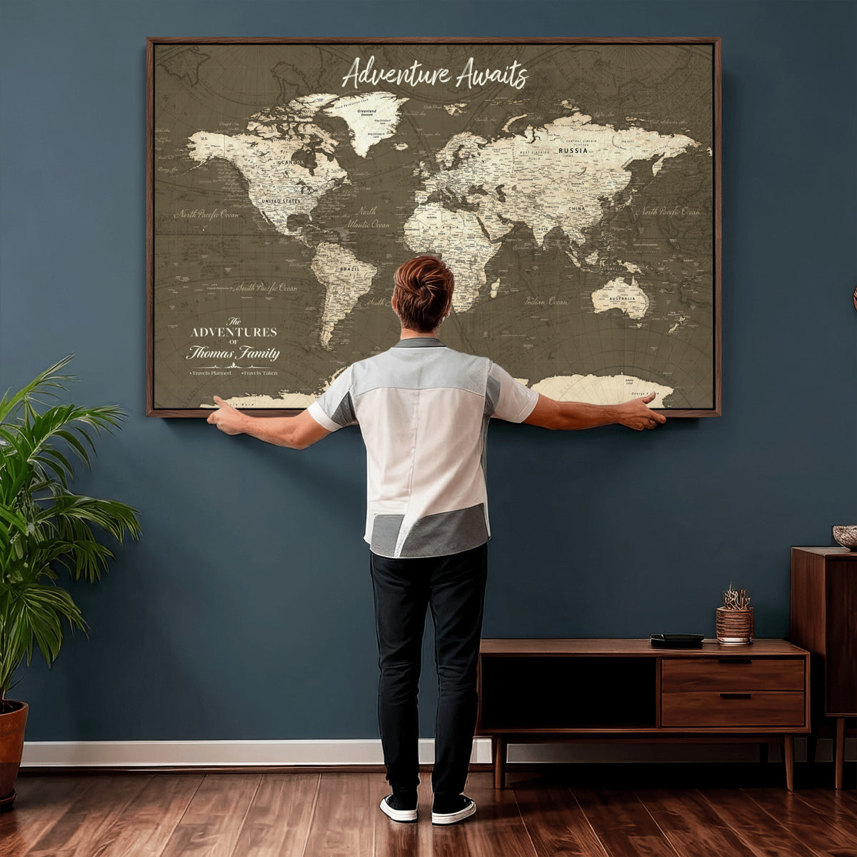 27762875D-MGV-CV-36X24 - Custom Push Pin World Map Wall Art Canvas Print | Personalized Travel Tracker with Pins Framed Large for Home and Office Decor