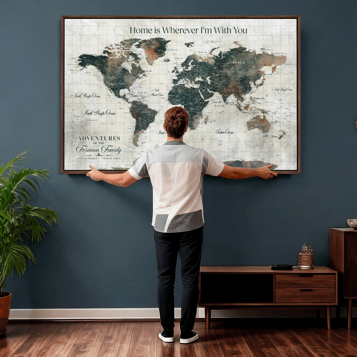 98050124D-MGV-CV-36X24 - Custom Push Pin World Map Wall Art Canvas Print | Personalized Travel Tracker with Pins Framed Large for Home and Office Decor