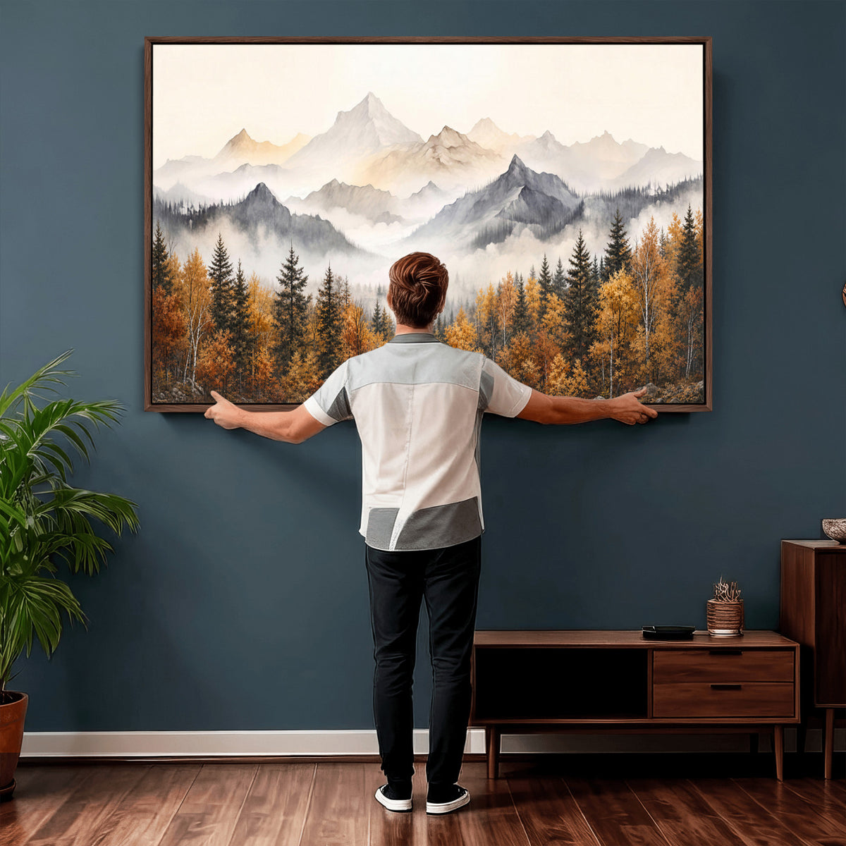 19544118-MGV-TP-30X20 - Misty Mountain Autumn Forest Canvas Wall Art - Watercolor Fall Nature Landscape Print