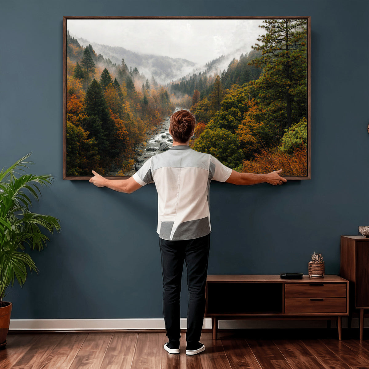 95540697-MGV-TP-30X20 - Misty River Mountain Valley Canvas Wall Art - Autumn Forest Landscape Nature Print