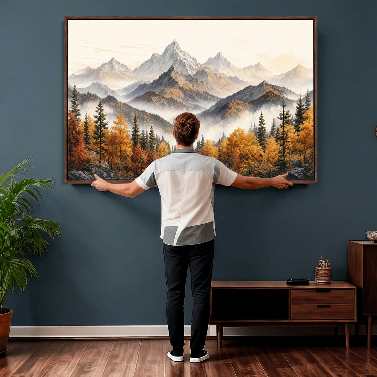 21309099-MGV-TP-30X20 - Extra Large Misty Mountain Autumn Forest Canvas Wall Art - Watercolor Fall Nature Landscape Print