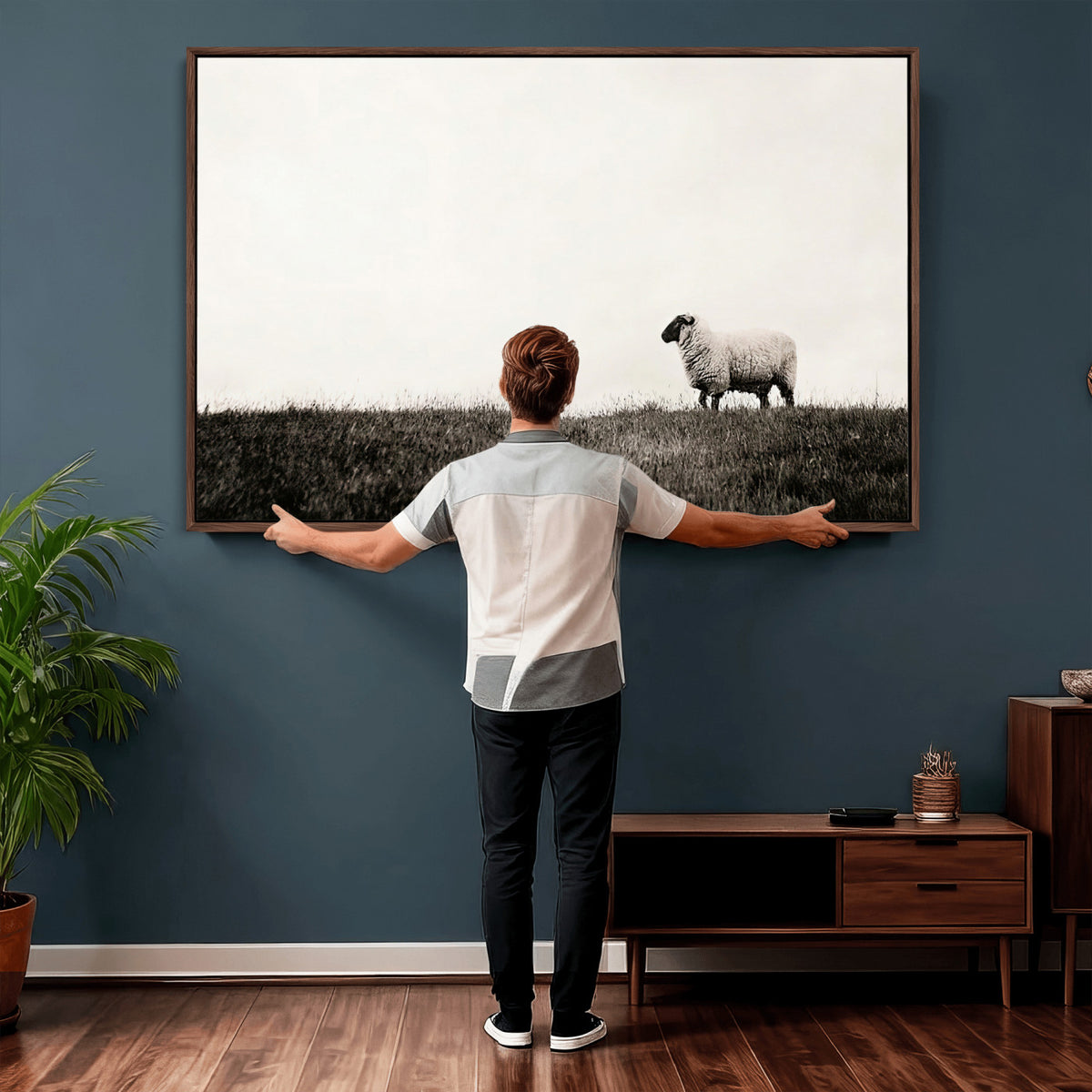 72749448-MGV-TP-30X20 - Minimalist Sepia Sheep Canvas Wall Art - Rustic Farmhouse Country Landscape Print