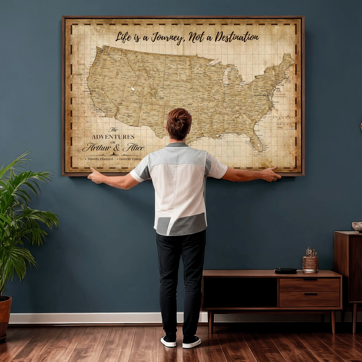 90686209-MGV-CV-36X24 - Custom USA Push Pin Travel Map Canvas Wall Art - Personalized Couples Gift Flat Digital Print