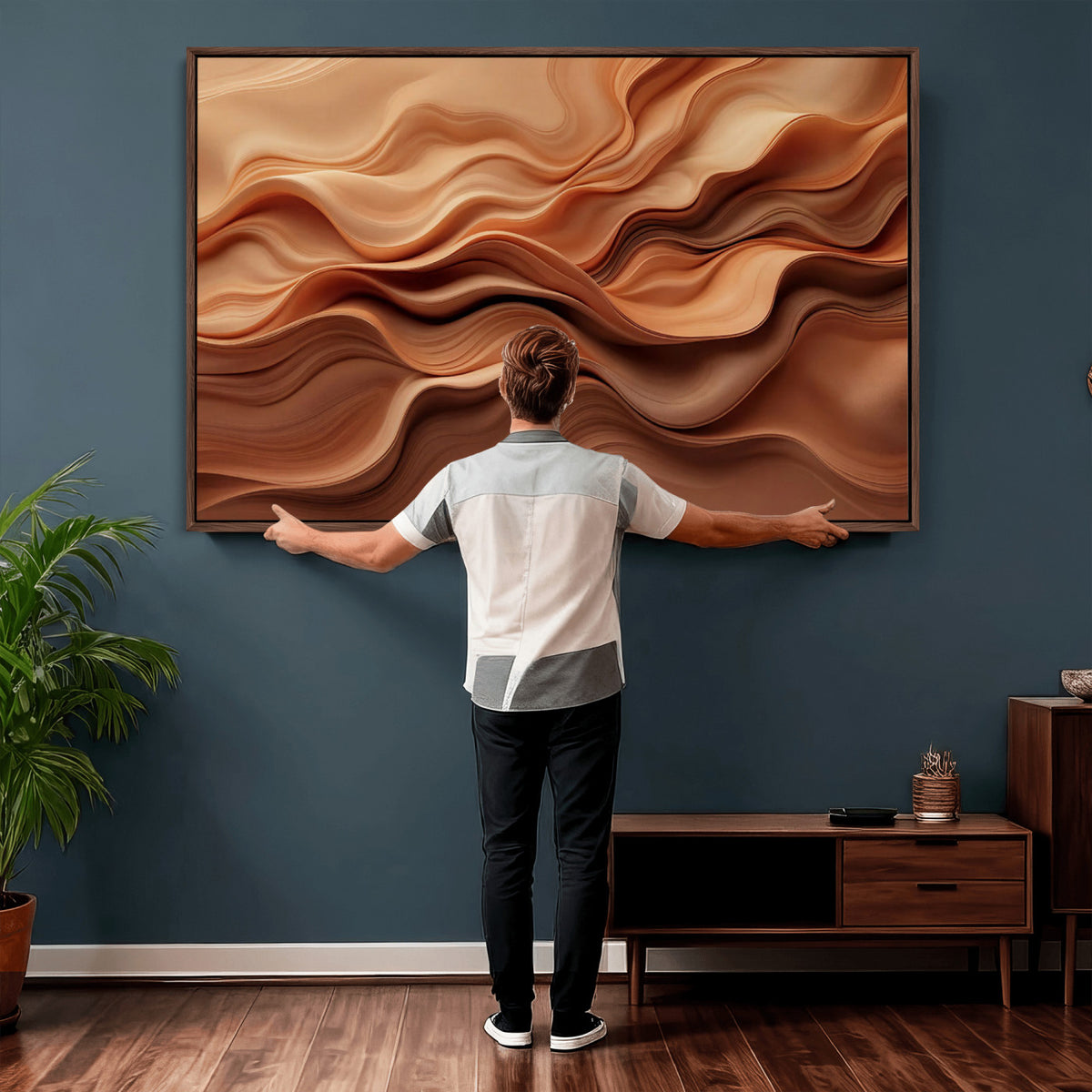 82230697-MGV-CV-36X24 - Modern Abstract Fluid Waves Canvas Wall Art - Minimalist Warm Terracotta Beige Sand Print