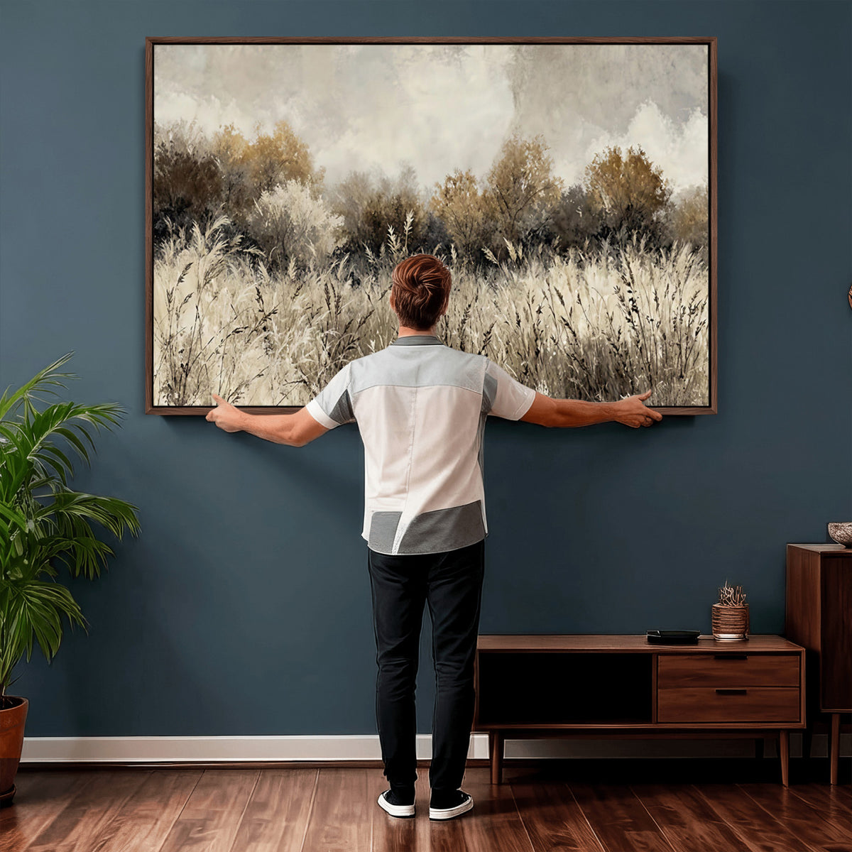 53959945-MGV-TP-30X20 - Muted Neutral Forest Landscape Canvas Wall Art - Vintage Rustic Wildflower Meadow Print