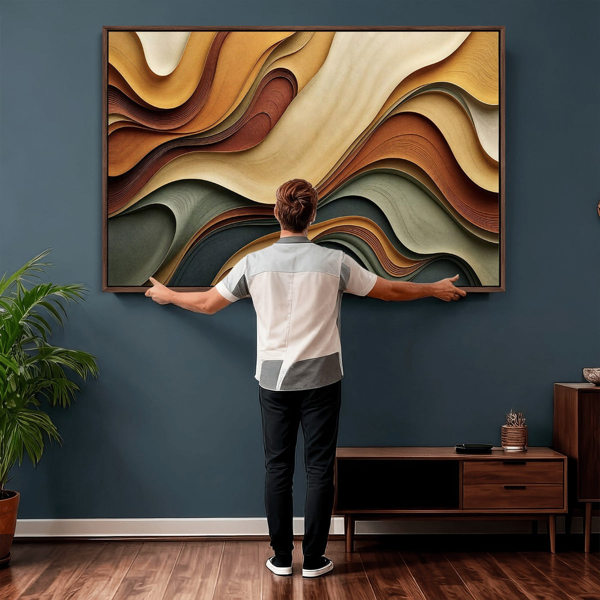 19337902-_Poster-30x20 - Modern Abstract Waves Canvas Wall Art - Minimalist Earthy Tone Living Room Decor