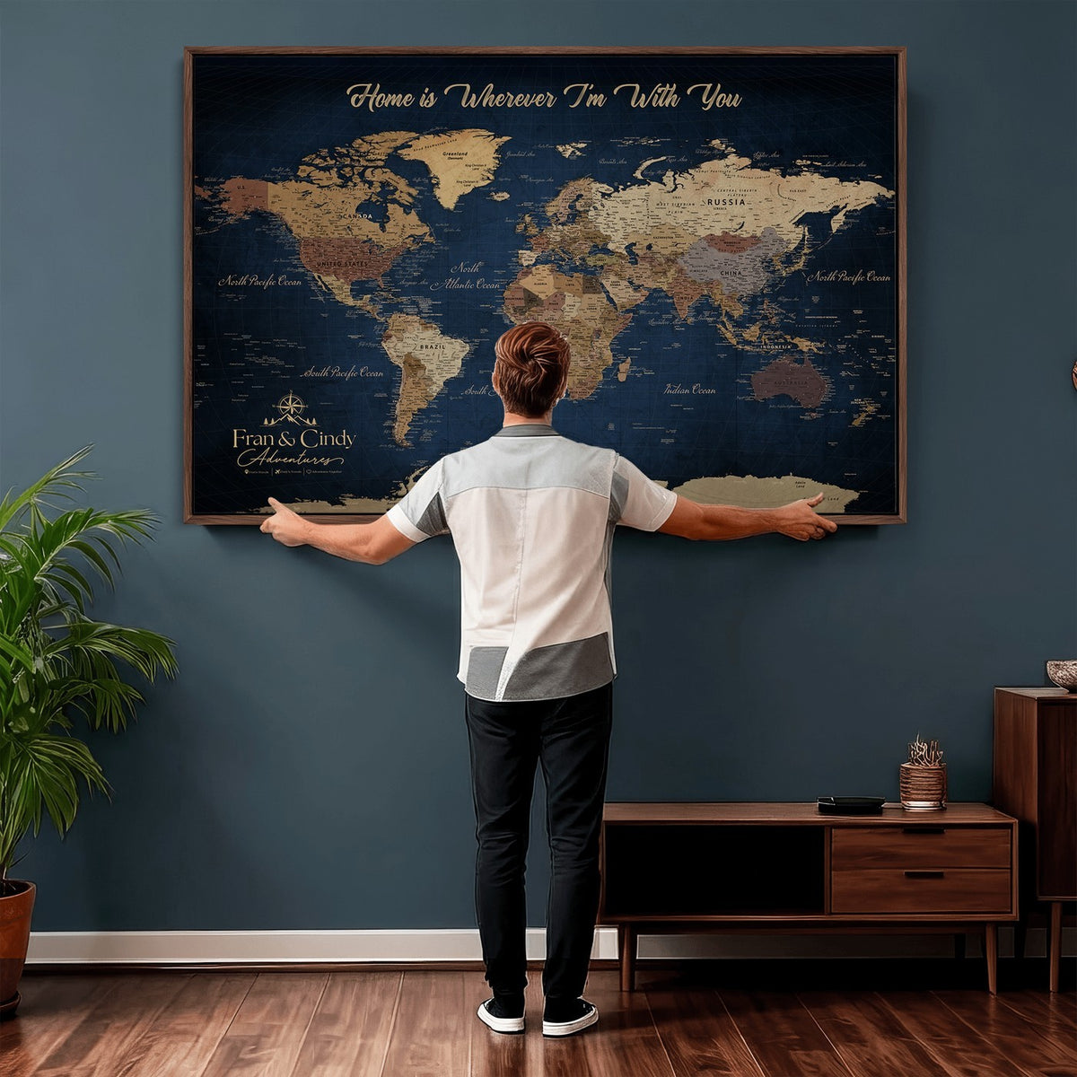 57774467-MGV-CV-36X24 - Custom Framed Deep Blue Geometric Push Pin World Map Wall Art, Next Trip Planner Map, Family Room and Hallway Decor