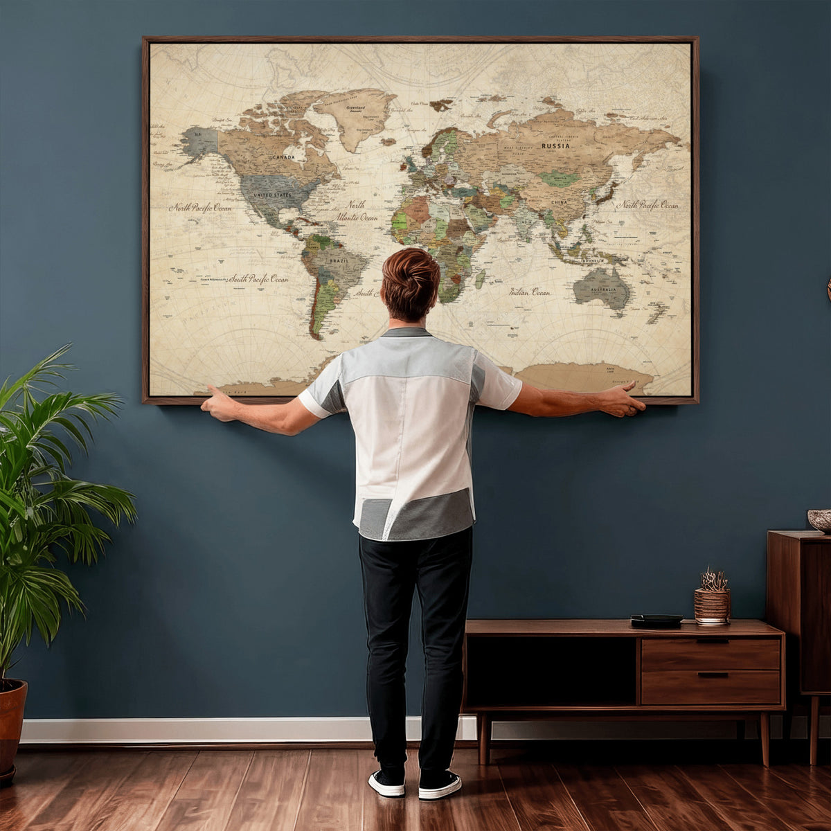 32749414D-MGV-CV-36X24 - Custom Push Pin World Map Wall Art Canvas Print – Personalized Travel Tracker with Pins Framed Large for Home and Office Decor