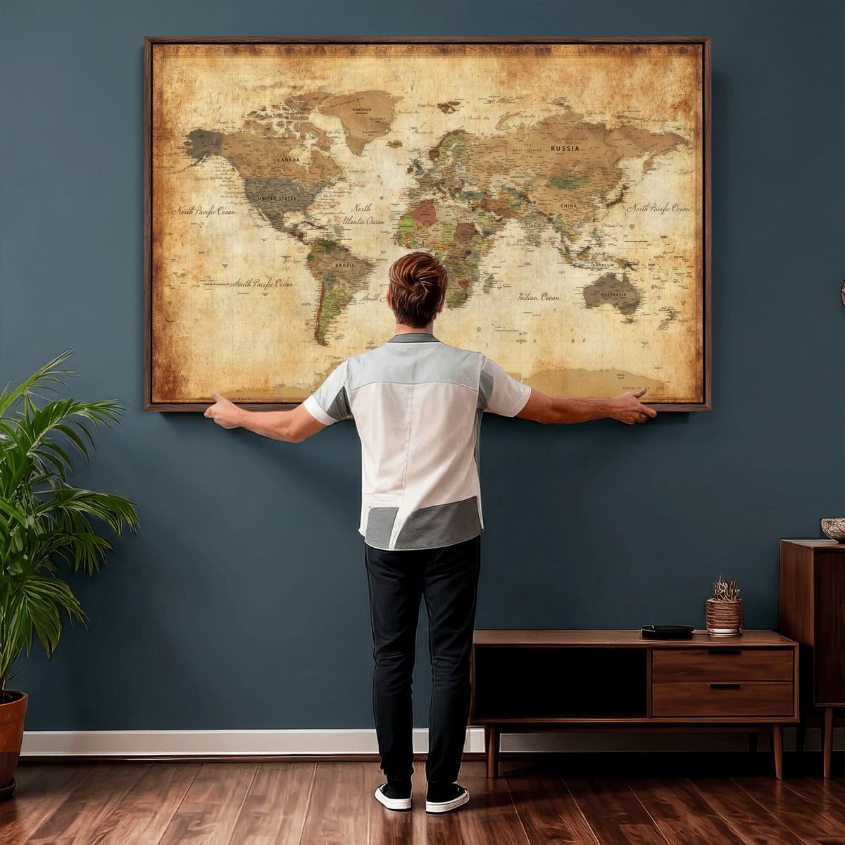 26621467D-MGV-CV-36X24 - Custom Push Pin World Map Wall Art Canvas Print – Personalized Travel Tracker with Pins Framed Large for Home and Office Decor