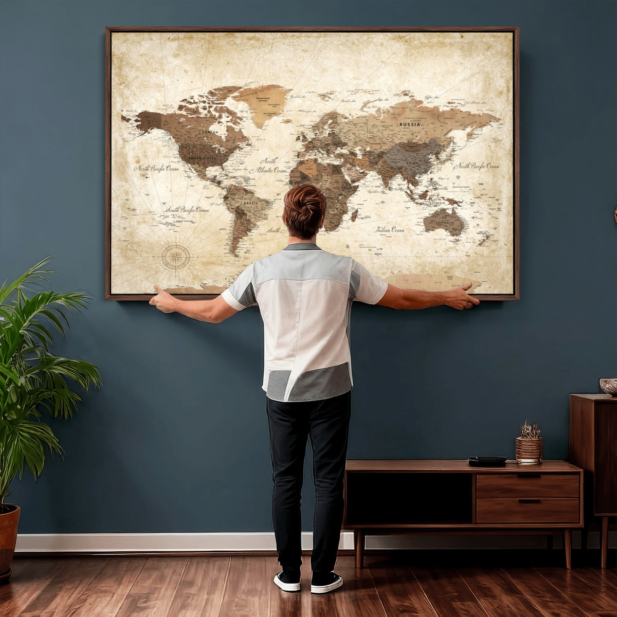 69154703D-MGV-CV-36X24 - Custom Push Pin World Map Wall Art Canvas Print – Personalized Travel Tracker with Pins Framed Large for Home and Office Decor