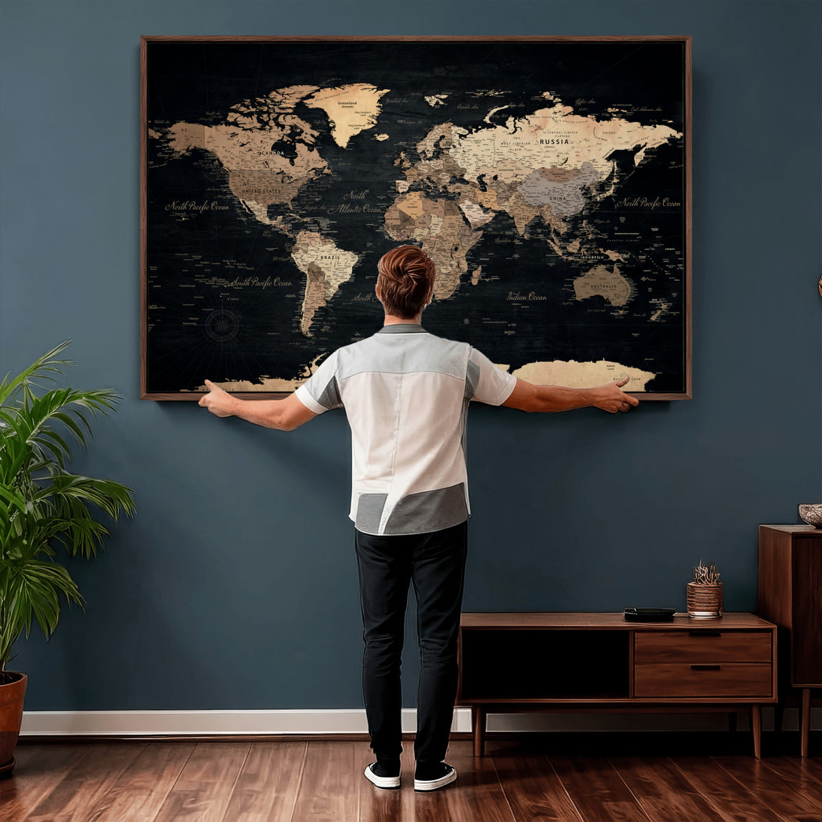 55335455D-MGV-CV-36X24 - Custom Push Pin World Map Wall Art Canvas Print – Personalized Travel Tracker with Pins Framed Large for Home and Office Decor
