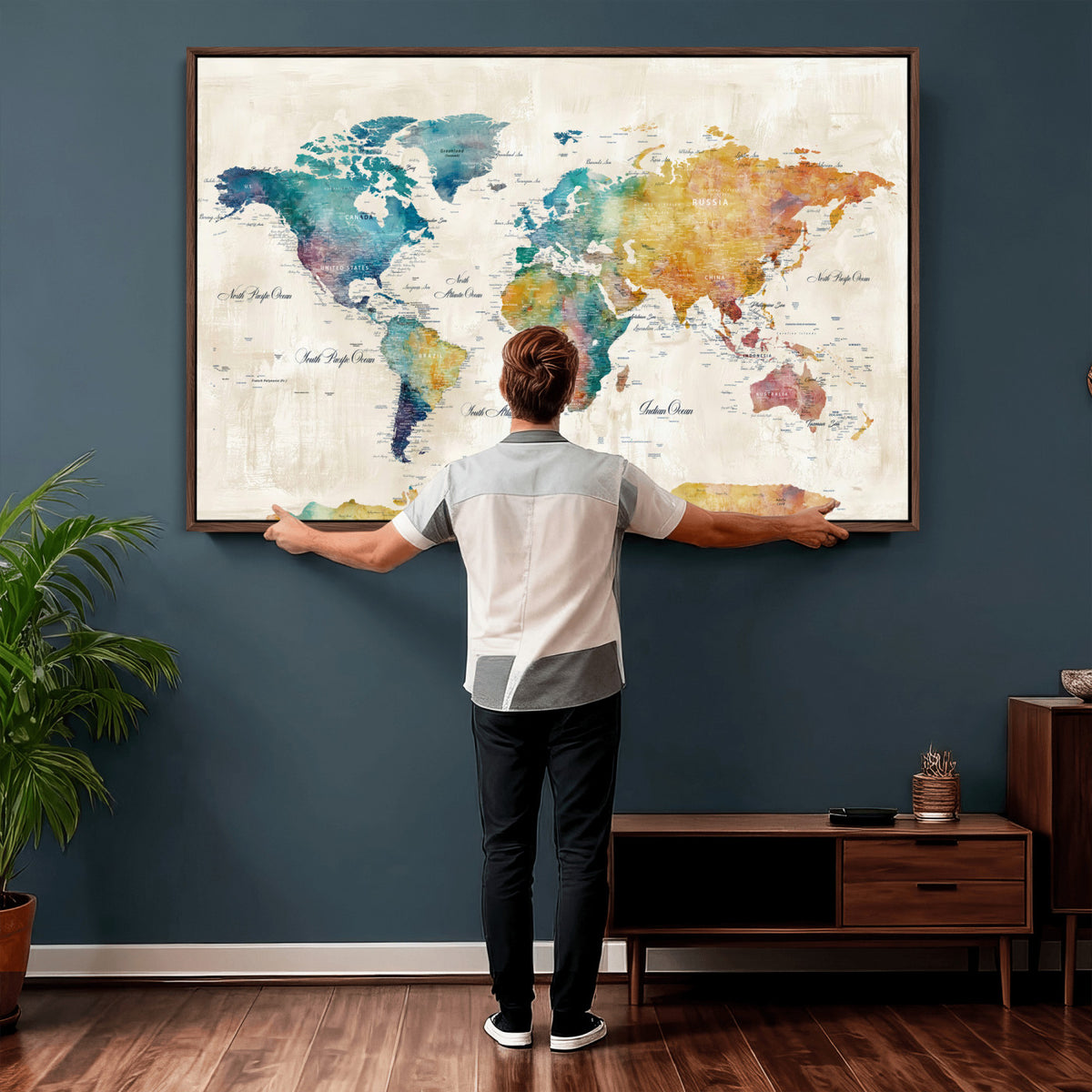 53654999D-MGV-CV-36X24 - Custom Push Pin World Map Wall Art Canvas Print – Personalized Travel Tracker with Pins Framed Large for Home and Office Decor