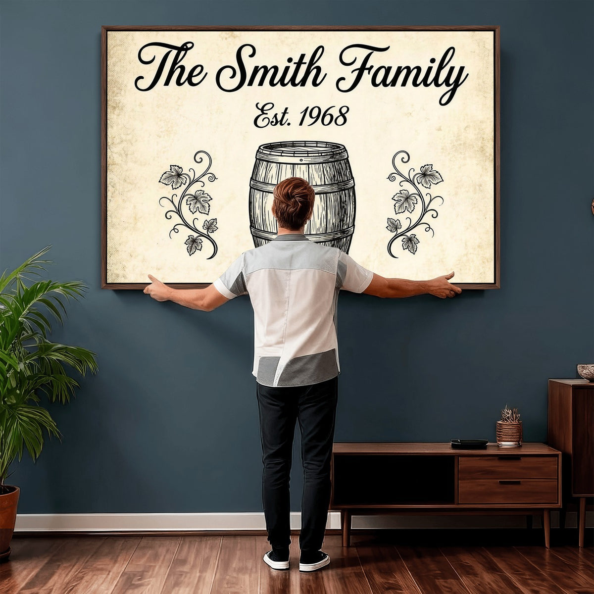 Custom wine barrel family sign for a home bar, print option