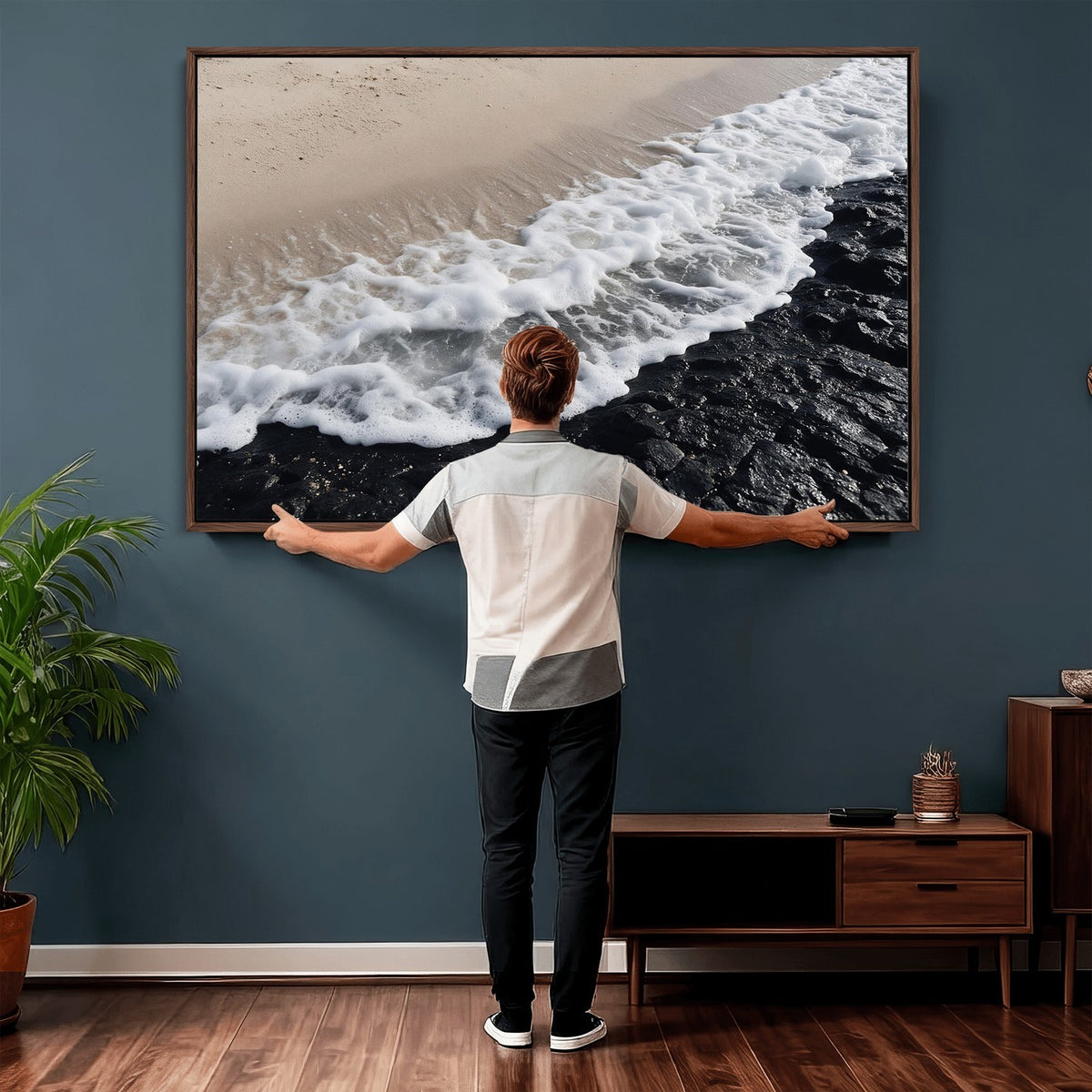 27448606-MGV-CV-24X16 - Ocean Wave Foam on Black Lava Rock Beach Canvas Wall Art Print