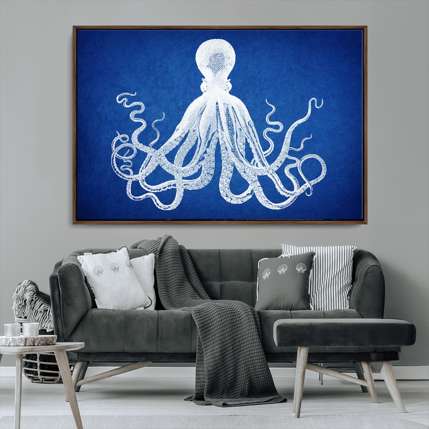 MGV-FC-36X24 - Large 3-Panel Blue Octopus Canvas Wall Art | Coastal Marine Life Artwork for Living Room, Bedroom,
